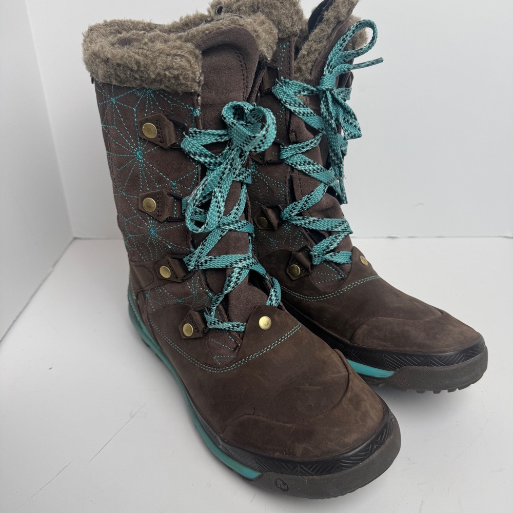 Merrell Bracken‎ Brown Teal Suede Faux Fur Winter Snow Boots Womens 7.5 J42696